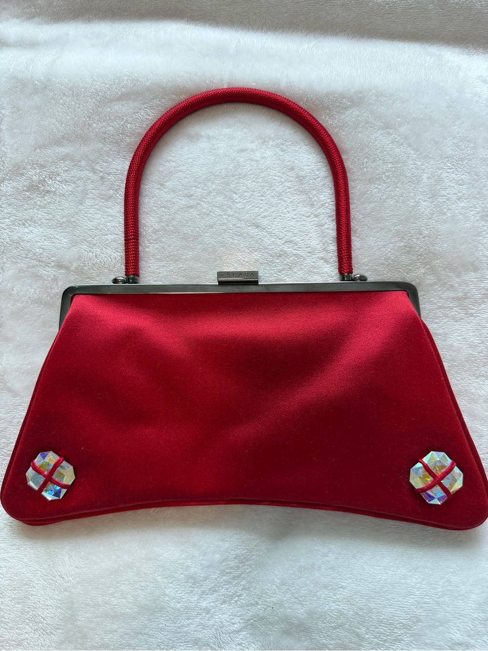 Vintage Escada Red Satin Evening Handbag with Jewel Accents
